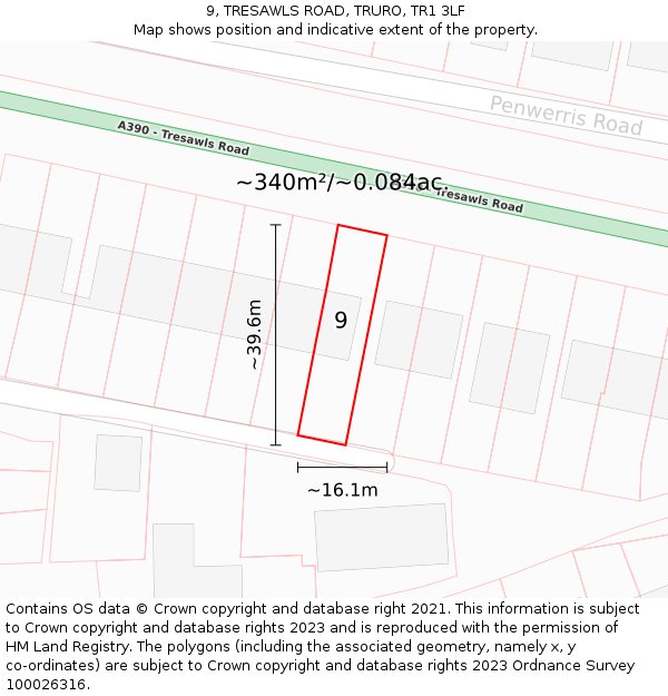 9, TRESAWLS ROAD, TRURO, TR1 3LF: Plot and title map