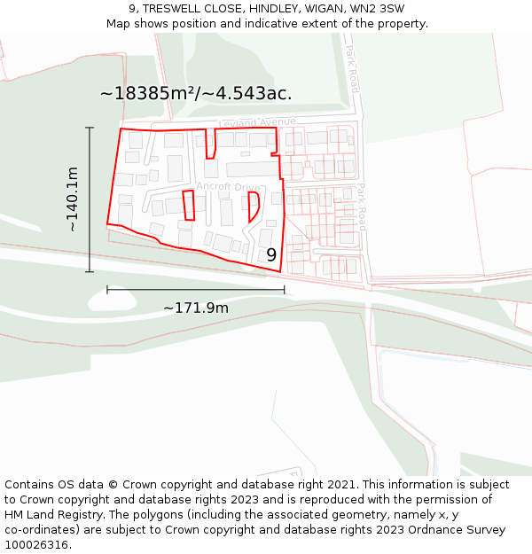 9, TRESWELL CLOSE, HINDLEY, WIGAN, WN2 3SW: Plot and title map