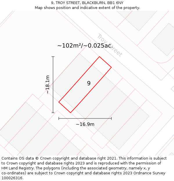 9, TROY STREET, BLACKBURN, BB1 6NY: Plot and title map