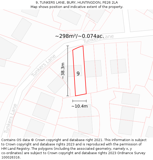 9, TUNKERS LANE, BURY, HUNTINGDON, PE26 2LA: Plot and title map