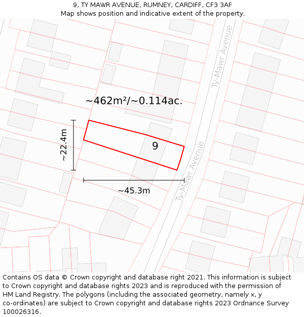 9, TY MAWR AVENUE, RUMNEY, CARDIFF, CF3 3AF: Plot and title map