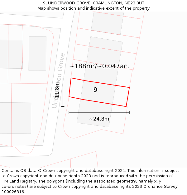 9, UNDERWOOD GROVE, CRAMLINGTON, NE23 3UT: Plot and title map