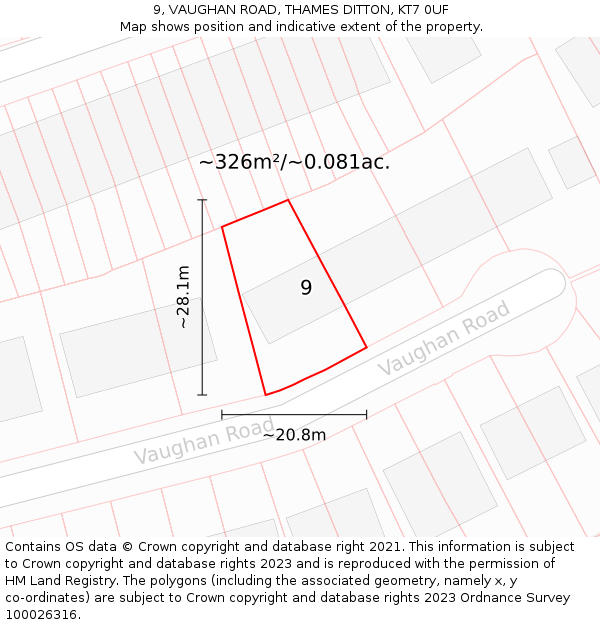 9, VAUGHAN ROAD, THAMES DITTON, KT7 0UF: Plot and title map