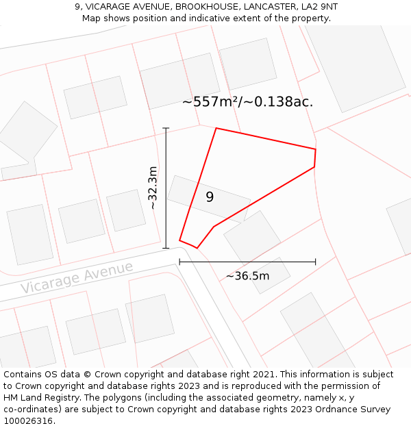 9, VICARAGE AVENUE, BROOKHOUSE, LANCASTER, LA2 9NT: Plot and title map