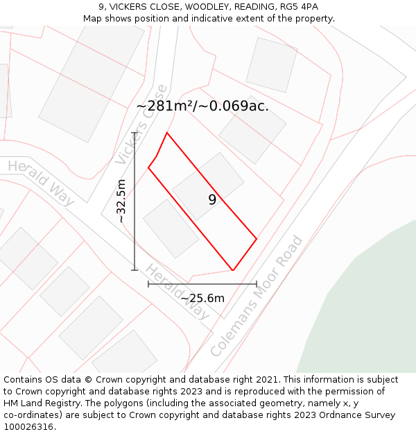 9, VICKERS CLOSE, WOODLEY, READING, RG5 4PA: Plot and title map