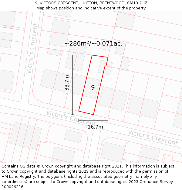 9, VICTORS CRESCENT, HUTTON, BRENTWOOD, CM13 2HZ: Plot and title map