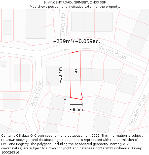 9, VINCENT ROAD, GRIMSBY, DN33 3SF: Plot and title map