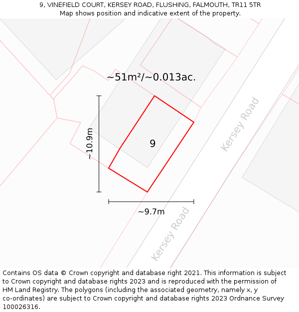 9, VINEFIELD COURT, KERSEY ROAD, FLUSHING, FALMOUTH, TR11 5TR: Plot and title map