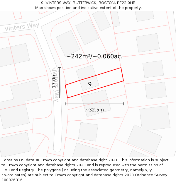 9, VINTERS WAY, BUTTERWICK, BOSTON, PE22 0HB: Plot and title map