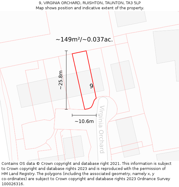 9, VIRGINIA ORCHARD, RUISHTON, TAUNTON, TA3 5LP: Plot and title map