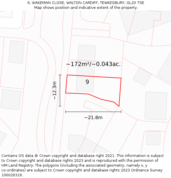 9, WAKEMAN CLOSE, WALTON CARDIFF, TEWKESBURY, GL20 7SE: Plot and title map