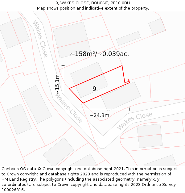 9, WAKES CLOSE, BOURNE, PE10 0BU: Plot and title map