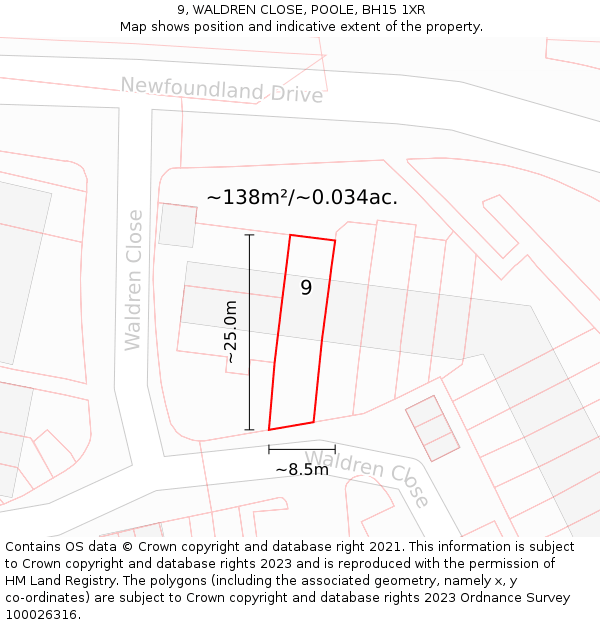 9, WALDREN CLOSE, POOLE, BH15 1XR: Plot and title map