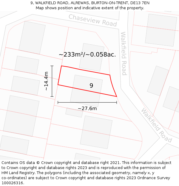 9, WALKFIELD ROAD, ALREWAS, BURTON-ON-TRENT, DE13 7EN: Plot and title map