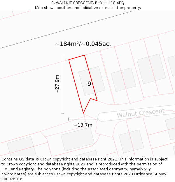 9, WALNUT CRESCENT, RHYL, LL18 4PQ: Plot and title map