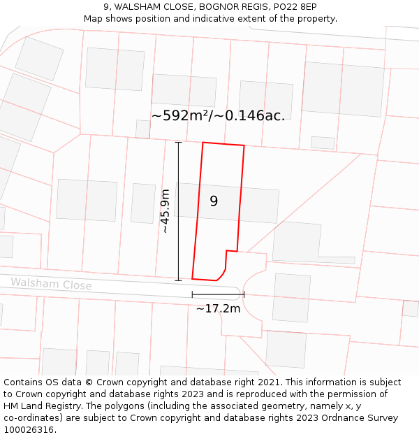 9, WALSHAM CLOSE, BOGNOR REGIS, PO22 8EP: Plot and title map