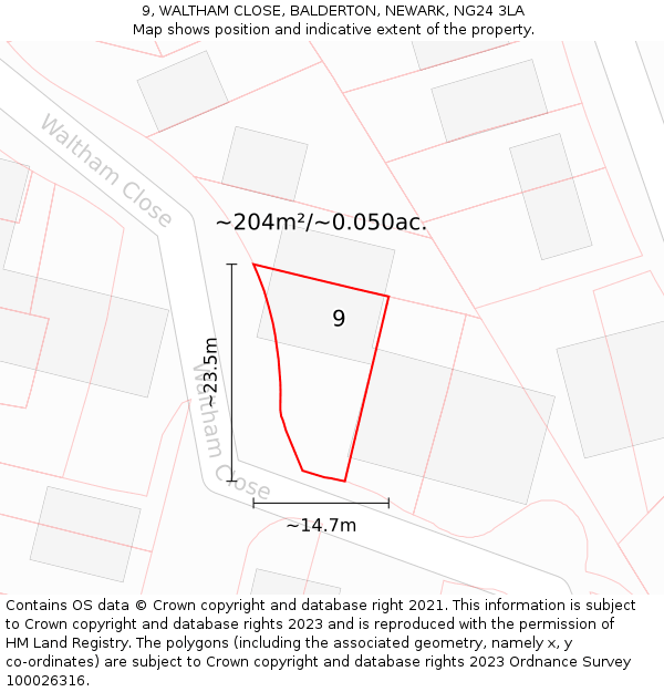 9, WALTHAM CLOSE, BALDERTON, NEWARK, NG24 3LA: Plot and title map