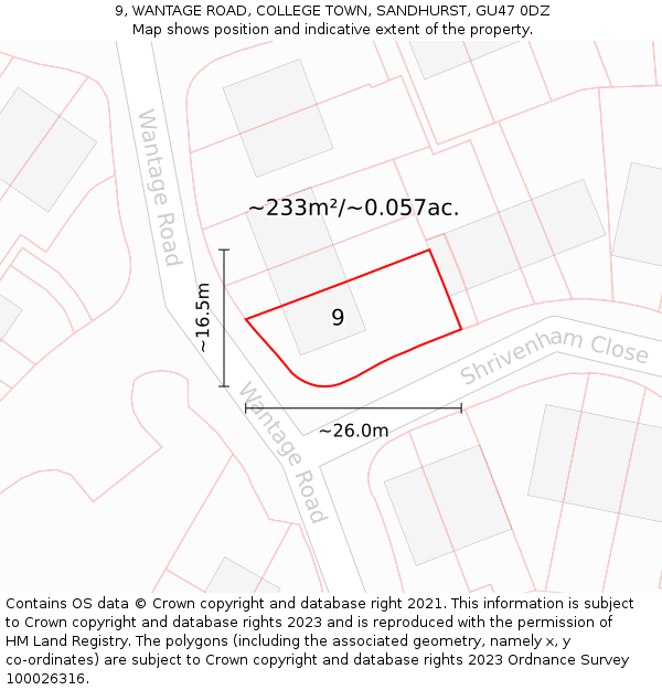 9, WANTAGE ROAD, COLLEGE TOWN, SANDHURST, GU47 0DZ: Plot and title map