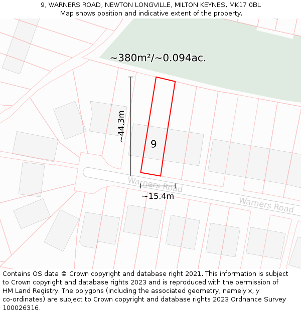 9, WARNERS ROAD, NEWTON LONGVILLE, MILTON KEYNES, MK17 0BL: Plot and title map