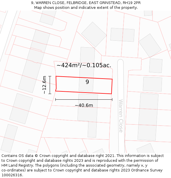 9, WARREN CLOSE, FELBRIDGE, EAST GRINSTEAD, RH19 2PR: Plot and title map