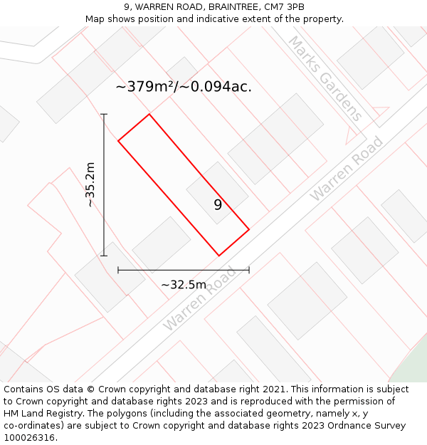 9, WARREN ROAD, BRAINTREE, CM7 3PB: Plot and title map