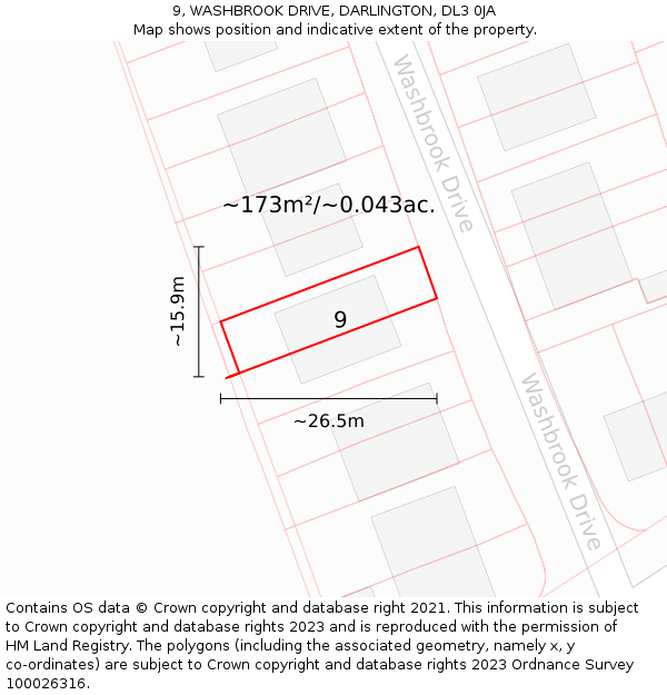 9, WASHBROOK DRIVE, DARLINGTON, DL3 0JA: Plot and title map