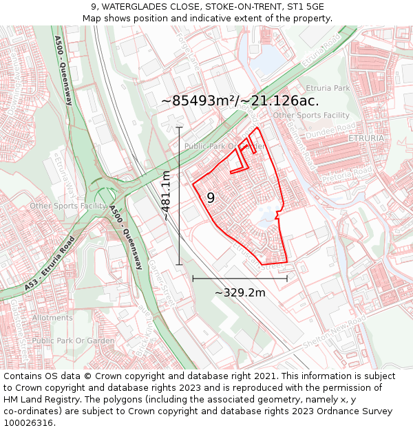 9, WATERGLADES CLOSE, STOKE-ON-TRENT, ST1 5GE: Plot and title map