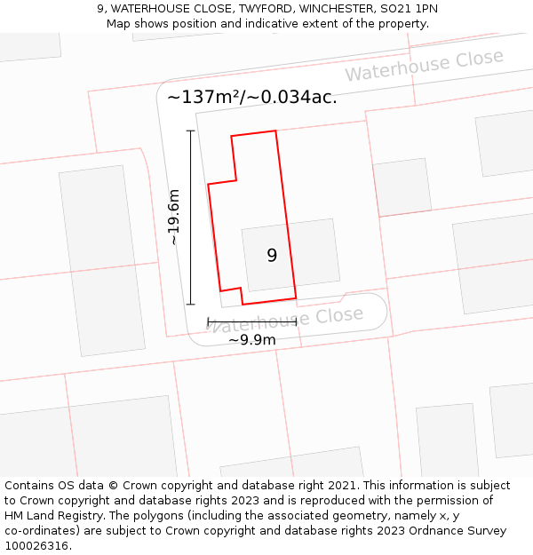 9, WATERHOUSE CLOSE, TWYFORD, WINCHESTER, SO21 1PN: Plot and title map