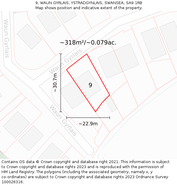 9, WAUN GYRLAIS, YSTRADGYNLAIS, SWANSEA, SA9 1RB: Plot and title map