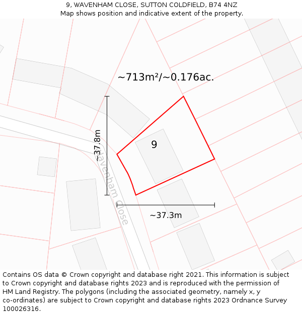 9, WAVENHAM CLOSE, SUTTON COLDFIELD, B74 4NZ: Plot and title map