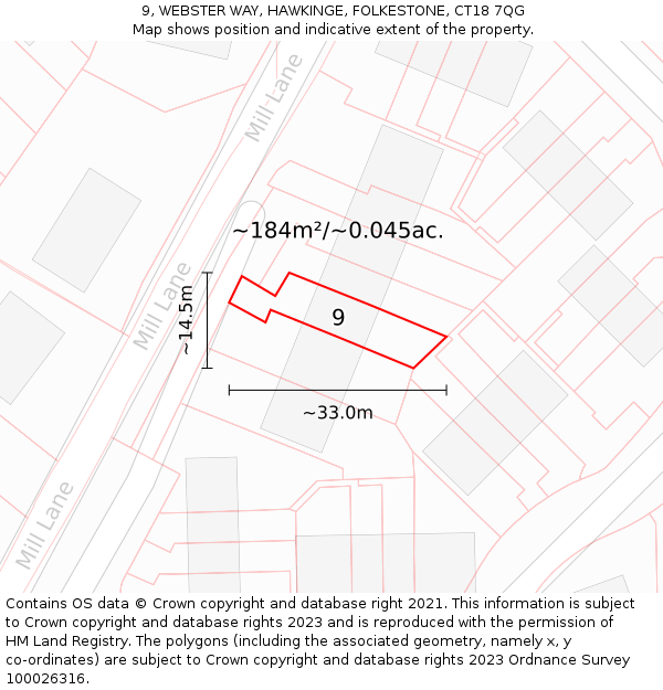 9, WEBSTER WAY, HAWKINGE, FOLKESTONE, CT18 7QG: Plot and title map