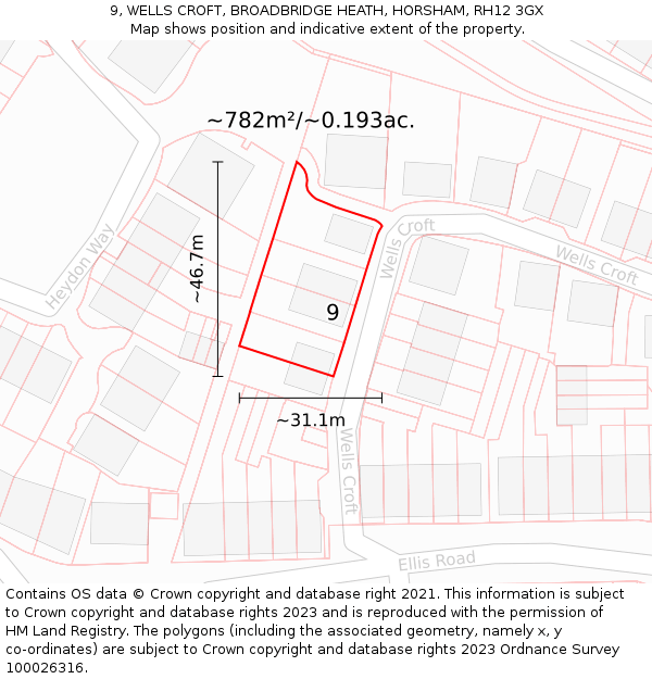 9, WELLS CROFT, BROADBRIDGE HEATH, HORSHAM, RH12 3GX: Plot and title map