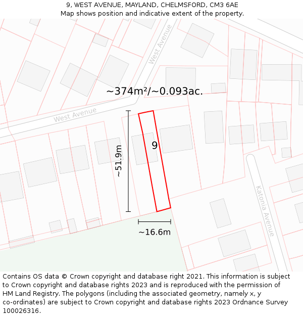 9, WEST AVENUE, MAYLAND, CHELMSFORD, CM3 6AE: Plot and title map