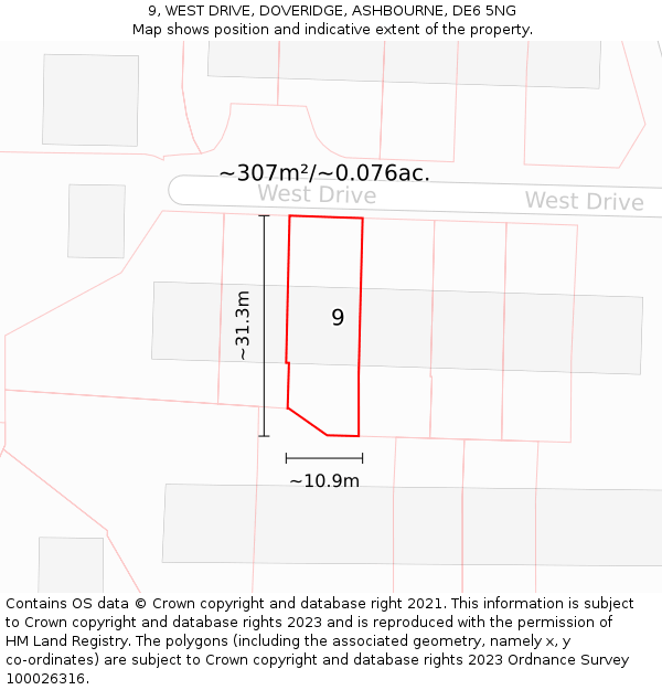 9, WEST DRIVE, DOVERIDGE, ASHBOURNE, DE6 5NG: Plot and title map