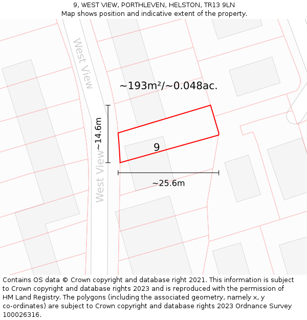 9, WEST VIEW, PORTHLEVEN, HELSTON, TR13 9LN: Plot and title map