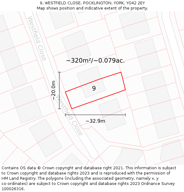 9, WESTFIELD CLOSE, POCKLINGTON, YORK, YO42 2EY: Plot and title map