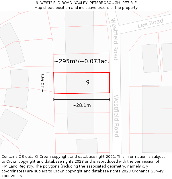 9, WESTFIELD ROAD, YAXLEY, PETERBOROUGH, PE7 3LF: Plot and title map