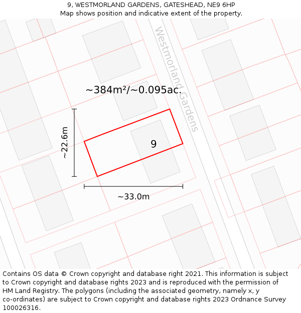 9, WESTMORLAND GARDENS, GATESHEAD, NE9 6HP: Plot and title map