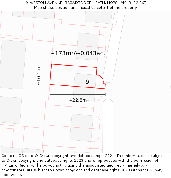 9, WESTON AVENUE, BROADBRIDGE HEATH, HORSHAM, RH12 3XE: Plot and title map