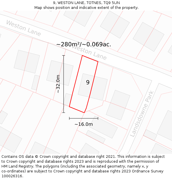 9, WESTON LANE, TOTNES, TQ9 5UN: Plot and title map