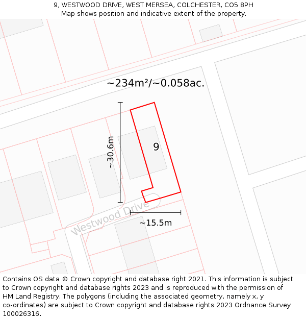 9, WESTWOOD DRIVE, WEST MERSEA, COLCHESTER, CO5 8PH: Plot and title map