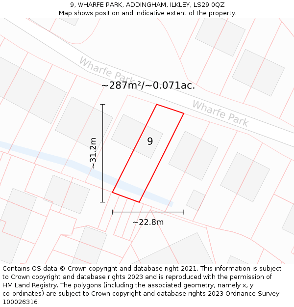 9, WHARFE PARK, ADDINGHAM, ILKLEY, LS29 0QZ: Plot and title map