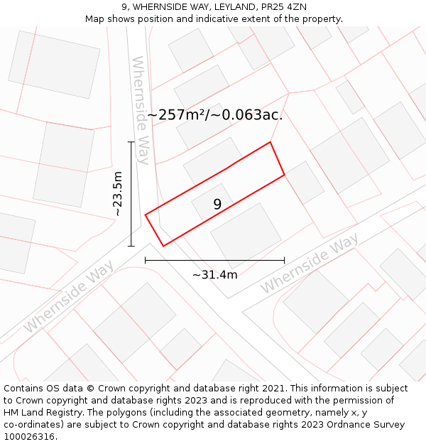 9, WHERNSIDE WAY, LEYLAND, PR25 4ZN: Plot and title map