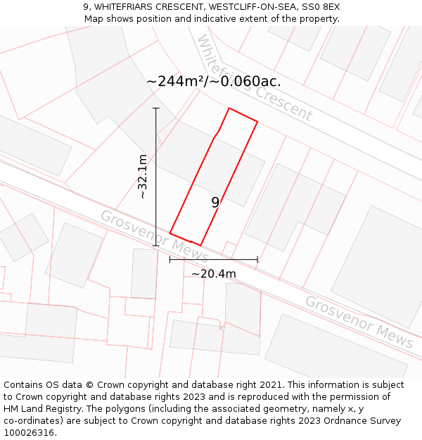 9, WHITEFRIARS CRESCENT, WESTCLIFF-ON-SEA, SS0 8EX: Plot and title map