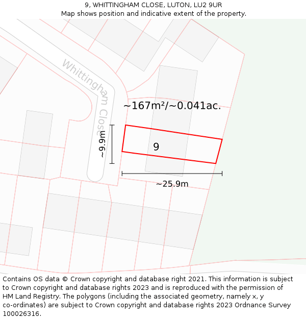 9, WHITTINGHAM CLOSE, LUTON, LU2 9UR: Plot and title map