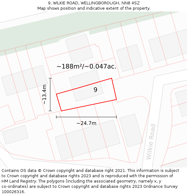 9, WILKIE ROAD, WELLINGBOROUGH, NN8 4SZ: Plot and title map