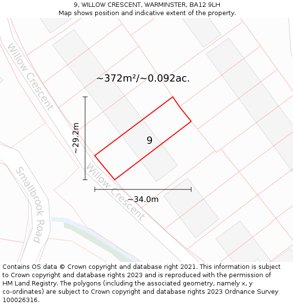 9, WILLOW CRESCENT, WARMINSTER, BA12 9LH: Plot and title map
