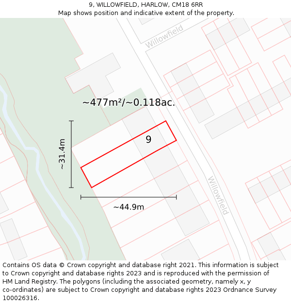 9, WILLOWFIELD, HARLOW, CM18 6RR: Plot and title map