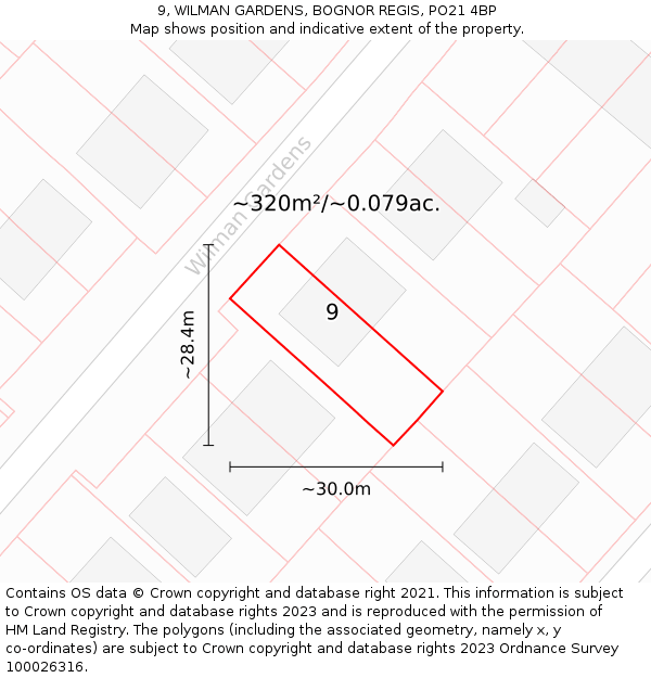 9, WILMAN GARDENS, BOGNOR REGIS, PO21 4BP: Plot and title map