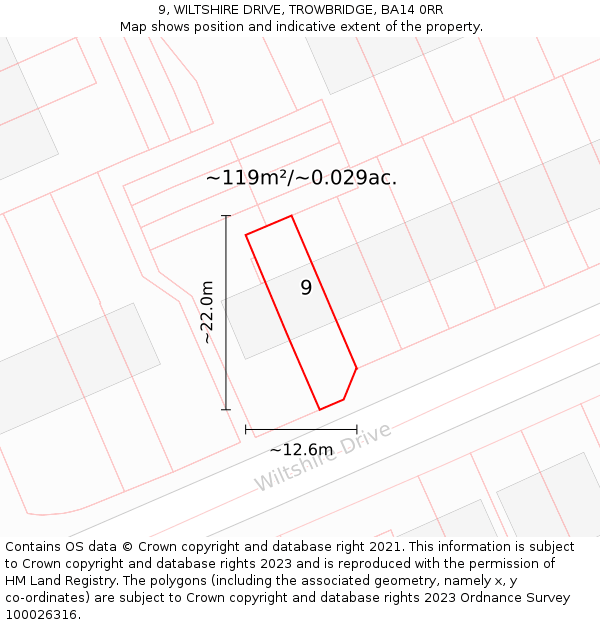 9, WILTSHIRE DRIVE, TROWBRIDGE, BA14 0RR: Plot and title map